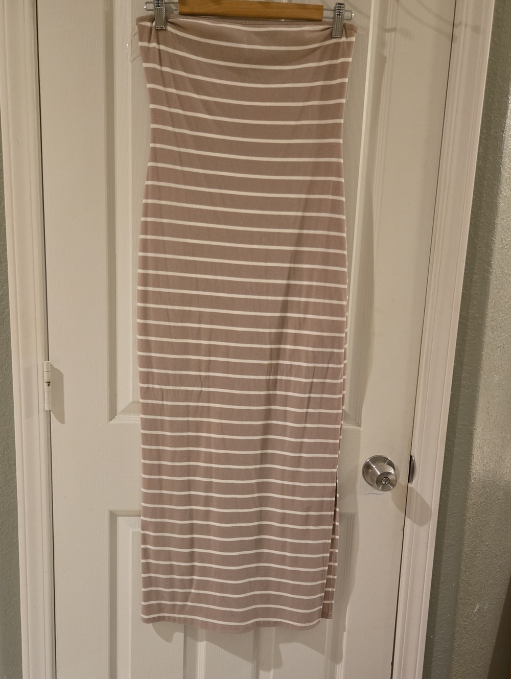 See You Monday Taupe-Striped Strapless Maxi Dress